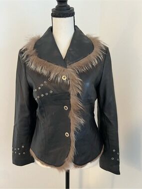 Vintage Real Fur Black Leather Jacket Gray Fur Collar 160/86A / US XS-S Y2K Boho